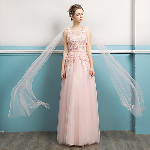 

A-Line Empire Elegant Wedding Guest Engagement Dress Jewel Neck Sleeveless Floor Length Tulle with Lace Insert 2021