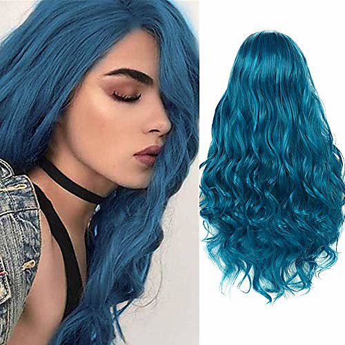 

blue wigs for women long curly wavy synthetic hair heat resistant full wigs cosplay halloween party