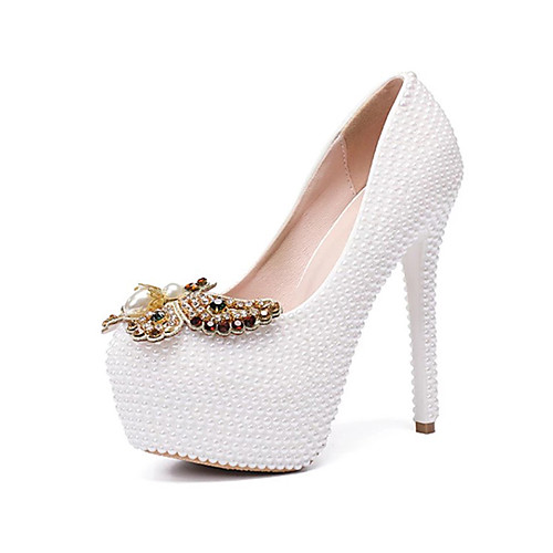 

Women's Wedding Shoes Platform Round Toe Wedding Pumps Vintage Sexy Roman Shoes Wedding Party & Evening PU Bowknot Pearl Sparkling Glitter Solid Colored Color Block White