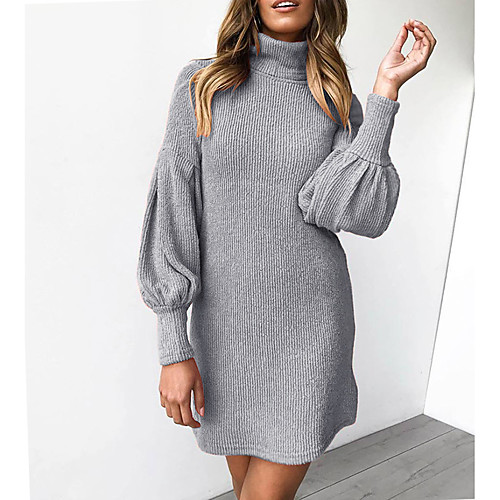 

Women's Sweater Jumper Dress Short Mini Dress Black Yellow Blushing Pink Gray Long Sleeve Solid Color Ruched Fall Spring Turtleneck Casual 2021 S M L XL XXL 3XL / Plus Size
