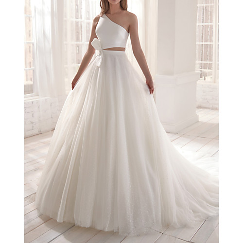 

Two Piece A-Line Wedding Dresses One Shoulder Court Train Satin Tulle Sleeveless Romantic Simple with Bow(s) 2021
