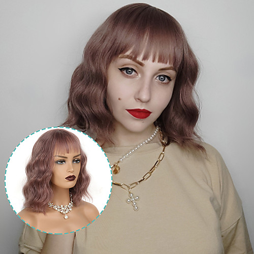 

12 Inch Short Wavy Wigs For Women African American Synthetic Wavy Wigs with Bangs Lolita Hairstyles Dairly Cosplay