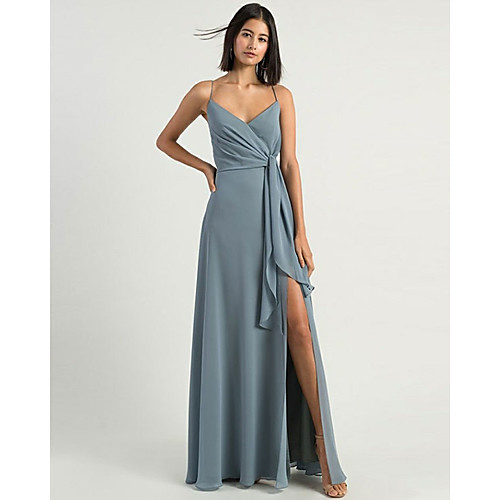 

A-Line Spaghetti Strap Floor Length Chiffon Bridesmaid Dress with Split Front / Open Back