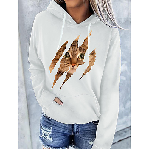 

Women's Pullover Hoodie Sweatshirt Cat Graphic 3D Front Pocket Daily Basic Casual Hoodies Sweatshirts White Black Gray