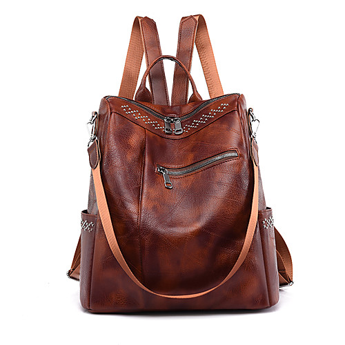 

Women's Leather School Bag Commuter Backpack Large Capacity Zipper Daily Backpack Wine Black Brown Coffee