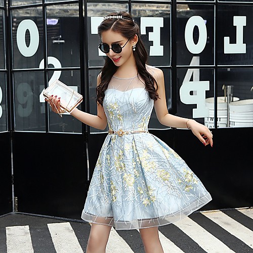 

A-Line Flirty Elegant Homecoming Party Wear Dress Illusion Neck Sleeveless Short / Mini Tulle with Lace Insert 2021