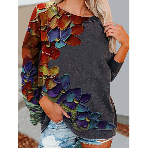 

Women's Pullover Sweatshirt Floral Print 3D Print Basic Hoodies Sweatshirts Loose Gray