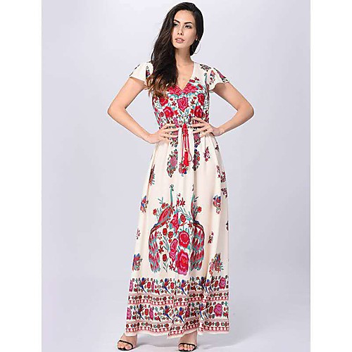 

Women's Swing Dress Maxi long Dress Red Short Sleeve Print Lace up Patchwork Plus High Low Summer V Neck Casual Vintage 2021 S M L XL XXL