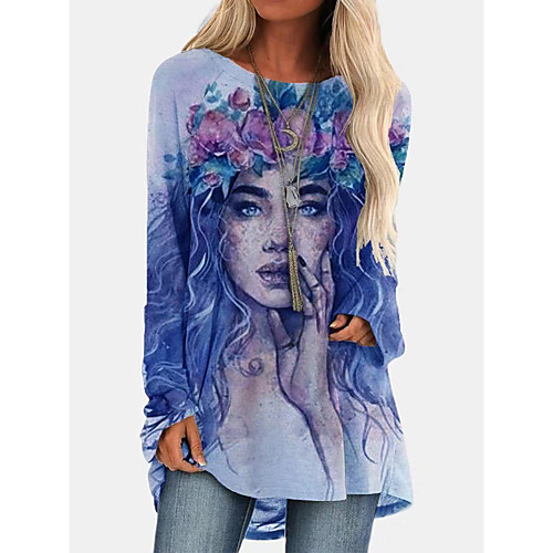 

Women's T Shirt Dress Tee Dress Short Mini Dress Blue Khaki Green Long Sleeve Print Print Fall Winter Round Neck Casual 2021 S M L XL XXL 3XL / Plus Size