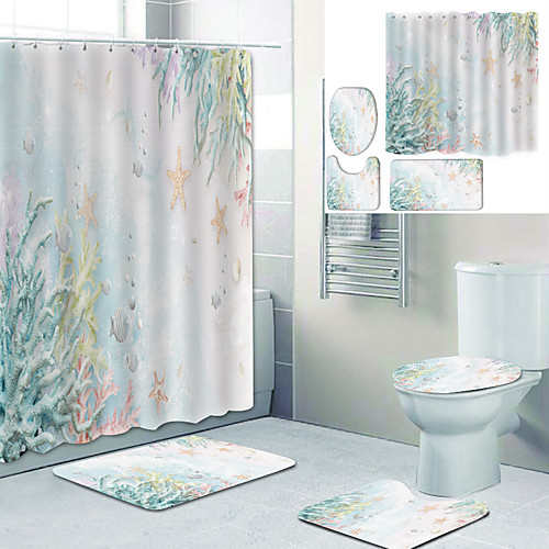 

4 Pcs Vintage Ocean Printed Bathtub Curtain Sets with Rugs, Toilet Lid Cover, Contour Pad and Bath Mat With Hooks Shower Curtain Polyester Waterproof