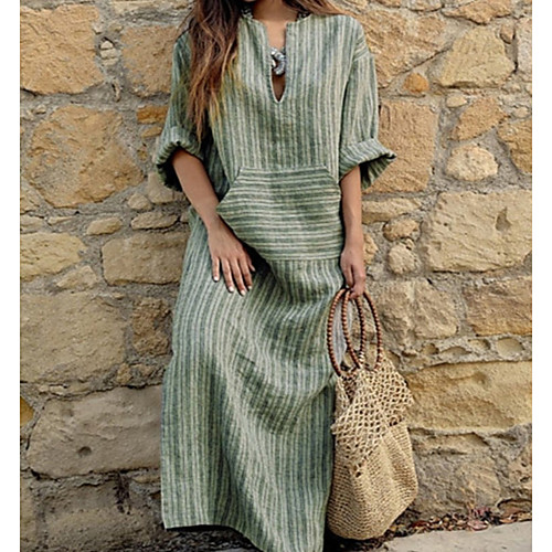 

Women's Shift Dress Maxi long Dress Red Green Gray Long Sleeve Striped Print Fall V Neck Casual 2021 S M L XL XXL 3XL 4XL 5XL / Plus Size