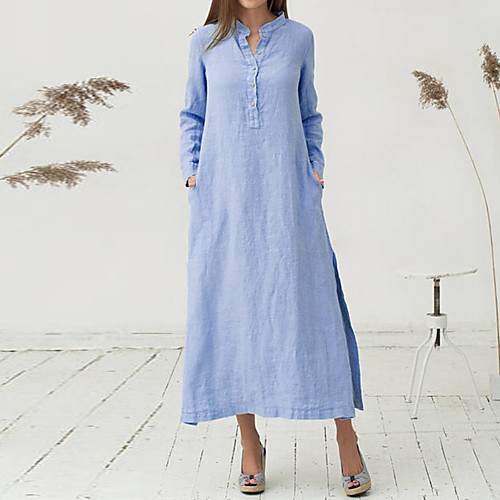 

Women's Shift Dress Maxi long Dress White Blue Long Sleeve Solid Color Patchwork Fall Winter V Neck Elegant Casual 2021 S M L XL XXL 3XL 4XL 5XL 6XL
