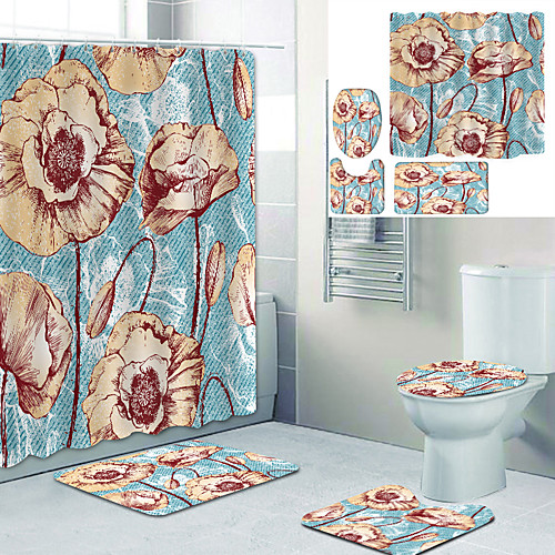 

Vintage Flowers Printed Bathtub Curtain Liner Covered With Waterproof Fabric Shower Curtain For Bathroom Home Decoration With Hook Floor Mat And Four-piece Toilet Mat