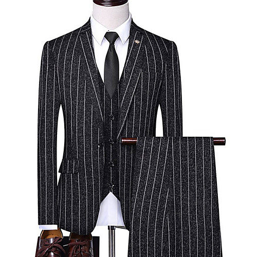 

Black / Ivory / Navy Blue Striped Tailored Fit Polyester Suit - Notch Single Breasted One-button / Suits