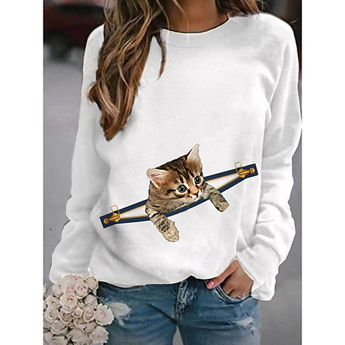 

Women's Pullover Sweatshirt Cat Graphic 3D Print Daily 3D Print Basic Casual Hoodies Sweatshirts White Black Gray