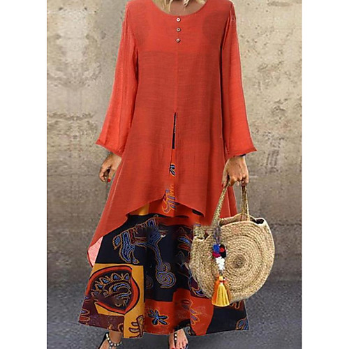 

Women's Two Piece Dress Midi Dress Black Orange Long Sleeve Print Print Fall Winter Round Neck Casual Vintage Cotton 2021 M L XL XXL