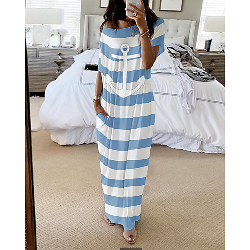 

Women's Shift Dress Maxi long Dress Blue Royal Blue Short Sleeve Geometric Spring Summer Boho 2021 S M L XL XXL