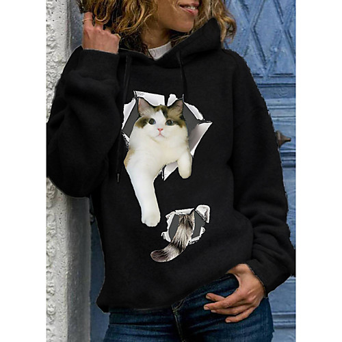 

Women's Pullover Hoodie Sweatshirt Cat Graphic 3D Print Daily 3D Print Basic Casual Hoodies Sweatshirts Black Khaki Gray