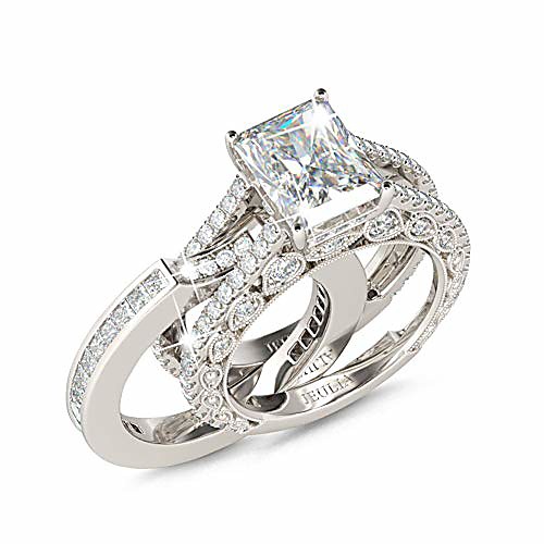 

engagement wedding ring set for women 925 silver 5.2 carat radiant cut cubic zirconia promise anniversary rings with side stones…