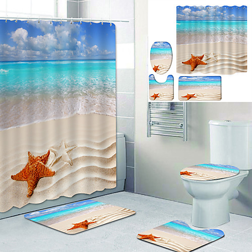 

Sea View Beach Printed Bathtub Curtain Liner Covered With Waterproof Fabric Shower Curtain For Bathroom Home Decoration With Hook Floor Mat And Four-piece Toilet Mat