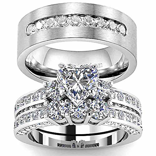 

couple rings white gold filled heart cut cz 2pc womens wedding ring sets titanium steel mens wedding band