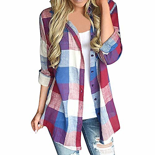 

women's classic plaid check shirt ladies long sleeve collared button down blouse loose casual tops tunic button up formal blouses for work shirt (red, 4xl)