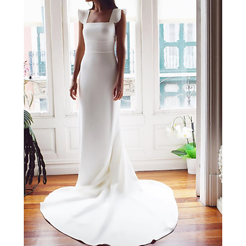 

Sheath / Column Wedding Dresses Scoop Neck Chapel Train Stretch Satin Sleeveless Simple with 2021