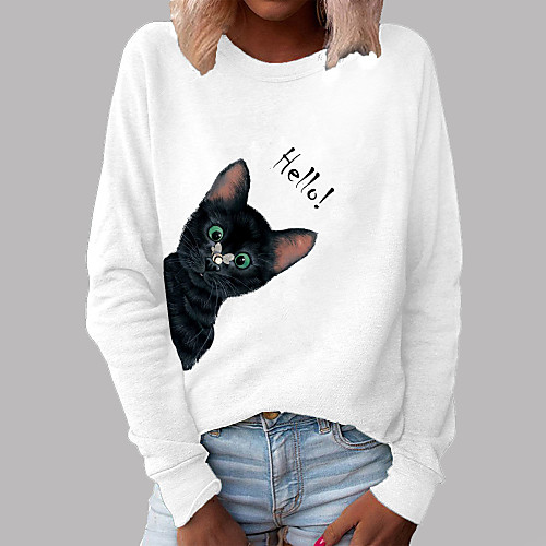 

Women's Pullover Sweatshirt Cat Graphic Print Daily Other Prints Basic Casual Hoodies Sweatshirts White