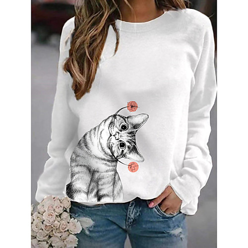 

Women's Pullover Sweatshirt Cat Cartoon Graphic Print Daily Other Prints Basic Casual Hoodies Sweatshirts White Gray