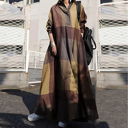 

Women's Swing Dress Maxi long Dress Blue Red Yellow Half Sleeve Solid Color Patchwork Button Fall Spring Shirt Collar Vintage 2021 S M L XL XXL 3XL 4XL 5XL / Plus Size