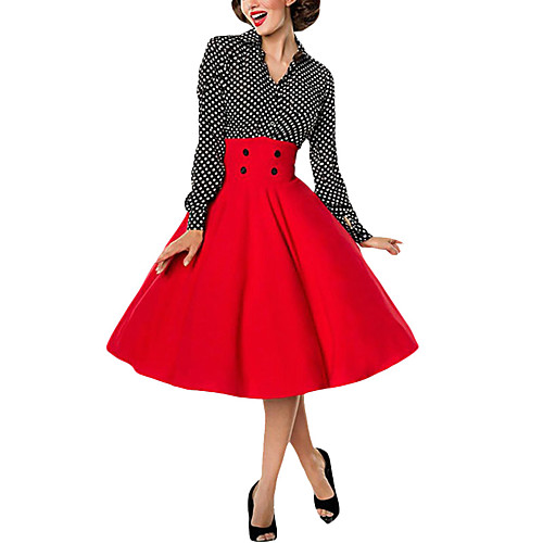 

Women's Swing Dress Midi Dress Red Long Sleeve Polka Dot Patchwork Print Fall Spring Shirt Collar Casual Vintage 2021 S M L XL XXL