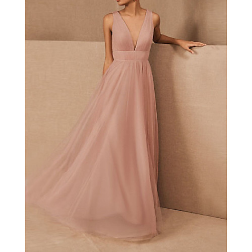 

A-Line V Neck Floor Length Tulle / Stretch Satin Bridesmaid Dress with Pleats