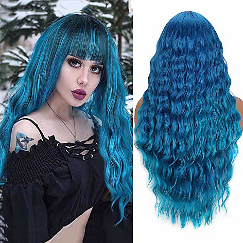 

long blue wigs for women natural curly wavy synthetic hair wigs with fringe party costume halloween wig (30 inch, mixed blue)