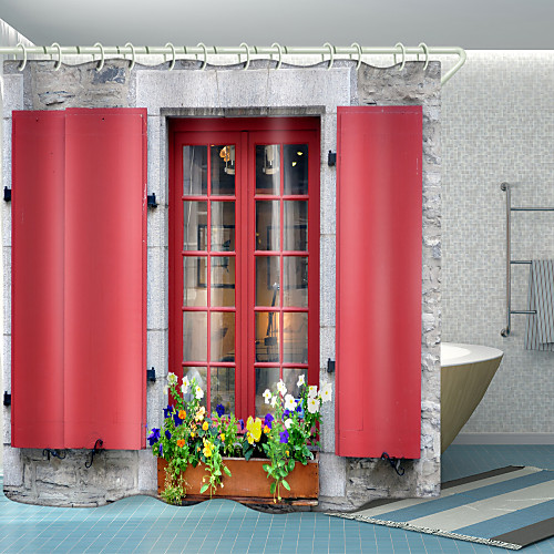 

Red Window Flowers Digital Printing Shower Curtain Shower Curtains Hooks Modern Polyester New Design