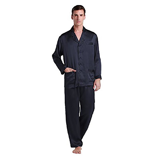 

men's long pyjamas set contrast trim 22 momme navy blue size 42/xl
