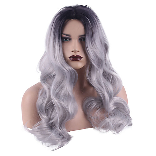 

Synthetic Wig Body Wave Bouncy Curl Middle Part Wig Long Silver grey Synthetic Hair Women's Soft Ombre Hair Fluffy Dark Gray