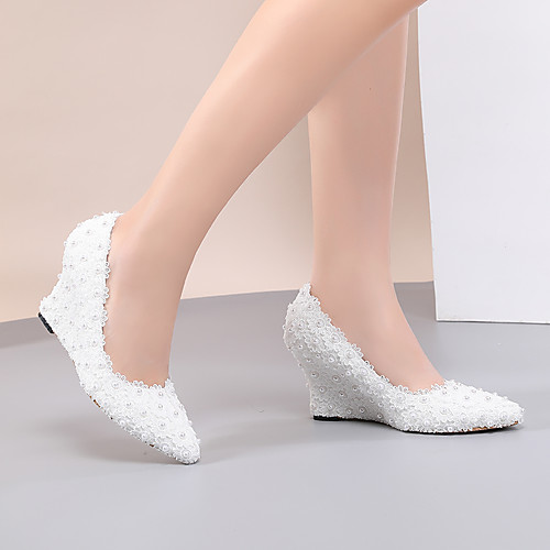 

Women's Heels Wedge Heel Pointed Toe Sexy Minimalism Roman Shoes Wedding Party & Evening PU Pearl Satin Flower Lace Solid Colored White