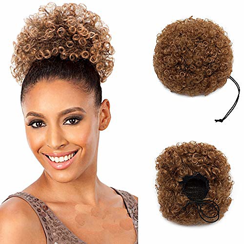 

short curly hair ponytail scrunchie kinky wrap drawstring puff ponytail hair extensions wig with clips - coffee brown(weight:65g)