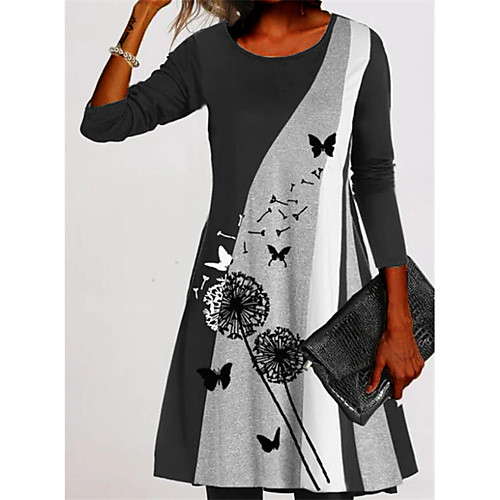 

Women's A Line Dress Knee Length Dress Black Gray Long Sleeve Print Tie Dye Patchwork Print Fall Spring V Neck Work Casual 2021 S M L XL XXL 3XL / Plus Size