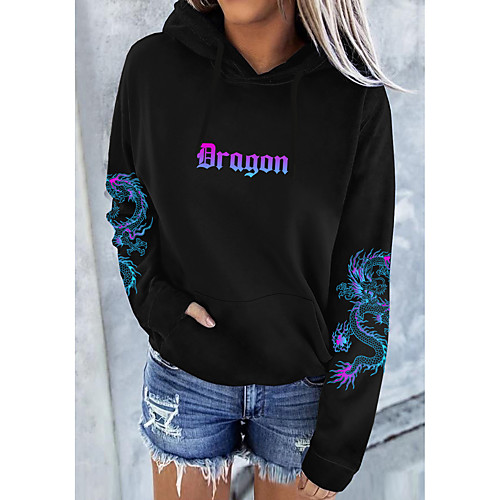 

Women's Pullover Hoodie Sweatshirt Dragon Graphic Text Front Pocket Daily Basic Casual Hoodies Sweatshirts White Black