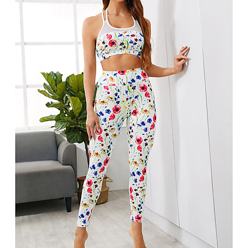 

Women's 2pcs Yoga Suit Winter Patchwork Cross Back Removable Pad Floral Print White Mesh Fitness Gym Workout Pilates High Waist Cropped Leggings Bra Top Clothing Suit Sport Activewear Tummy Control