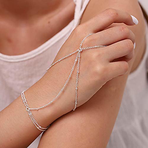

boho finger bracelets ring hand chain wedding and beach slave bracelet jewelry for women and girls (silver)
