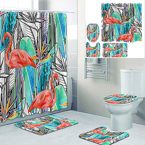 

Painting Flamingo Printed Bathtub Curtain Liner Covered With Waterproof Fabric Shower Curtain For Bathroom Home Decoration With Hook Floor Mat And Four-piece Toilet Mat