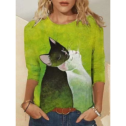 

Women's T shirt Cat Animal Long Sleeve Print Round Neck Tops Basic Basic Top Green