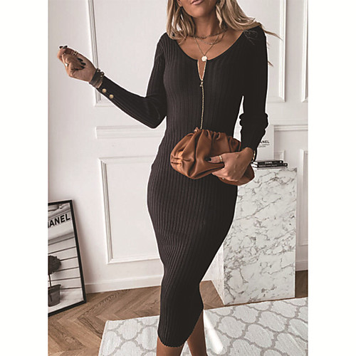 

Women's Sheath Dress Midi Dress Black Long Sleeve Solid Color Fall Winter Casual Sexy 2021 S M L XL XXL 3XL