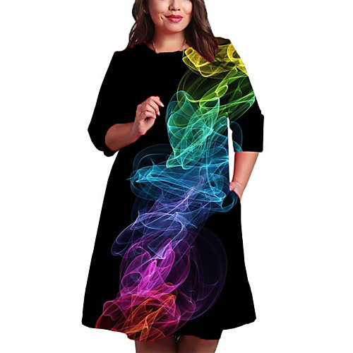 

Women's Plus Size Dresses Shift Dress Knee Length Dress 3/4 Length Sleeve Print Color Block Print Casual Fall / Holiday