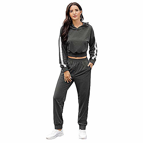 

women's 2 piece long sleeve tracksuit set casual loungewear stripe hoodie sport workout outfits top and jogger pant, plus size dark grey