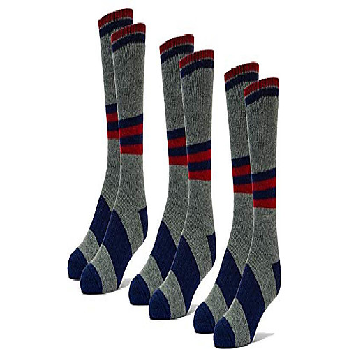 

3 pairs mid weight patterned 70% merino wool men's kids thermal crew socks cushioned for hiking trailing (grey/blue/red, l men 8-12)