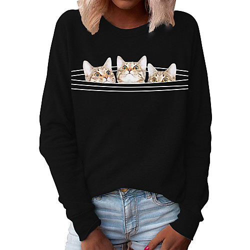 

Women's Pullover Sweatshirt Cat Graphic 3D Daily Basic Casual Hoodies Sweatshirts White Black Light gray