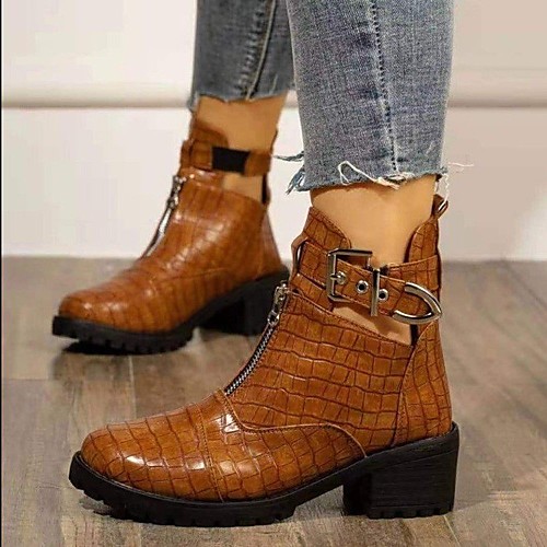 

Women's Boots Block Heel Round Toe Mid Calf Boots British Daily Walking Shoes PU Buckle Solid Colored Dark Brown Black / Booties / Ankle Boots
